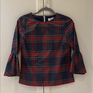 Vineyard Vines Navy and Red Plaid Blouse with Bell Sleeves